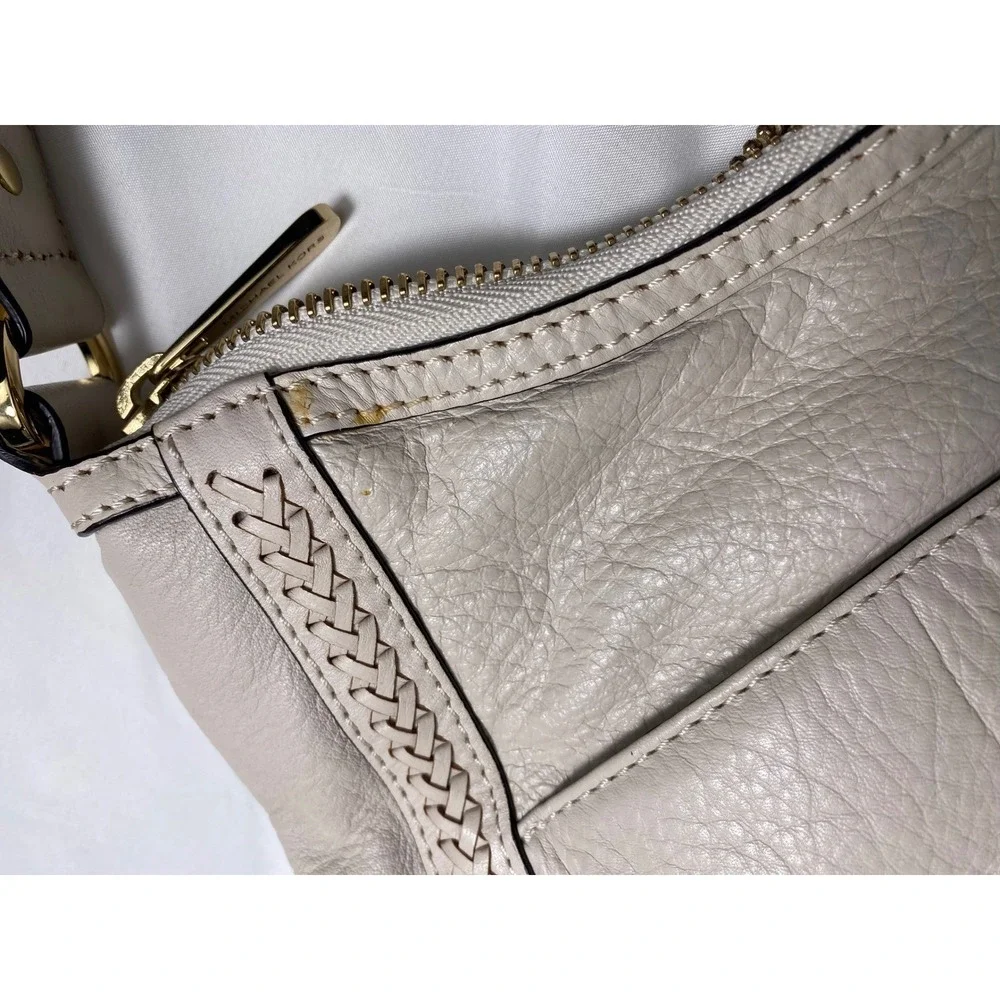 Michael Kors Hobo Bag Womens Small Cream‎ Pebbled Leather Braided Shoulder Bag